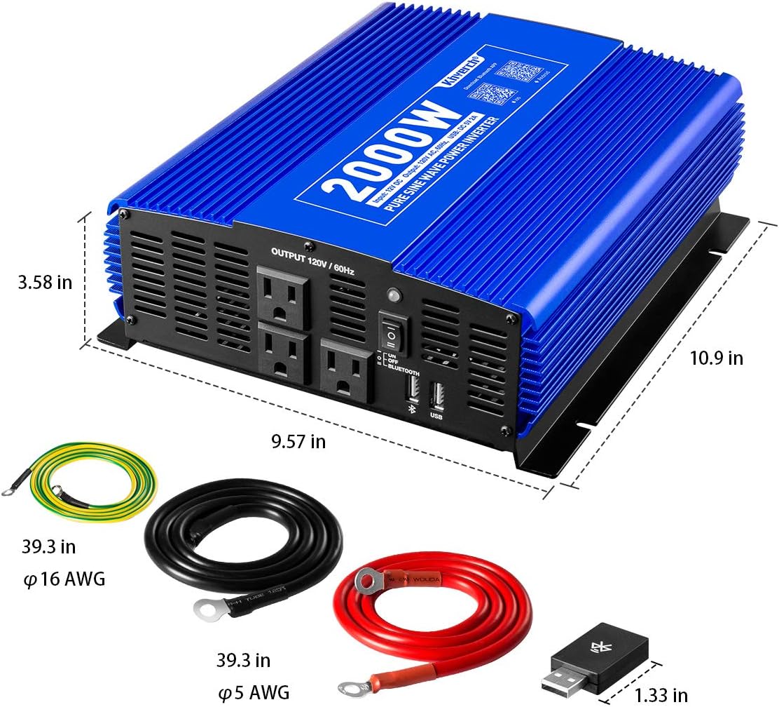 Kinverch 2000W Pure Sine Wave Inverter 12V DC to 110V AC Power Inverter for Car/Truck/RV with 3 AC Outlets &1USB Ports &Bluetooth Remote Control