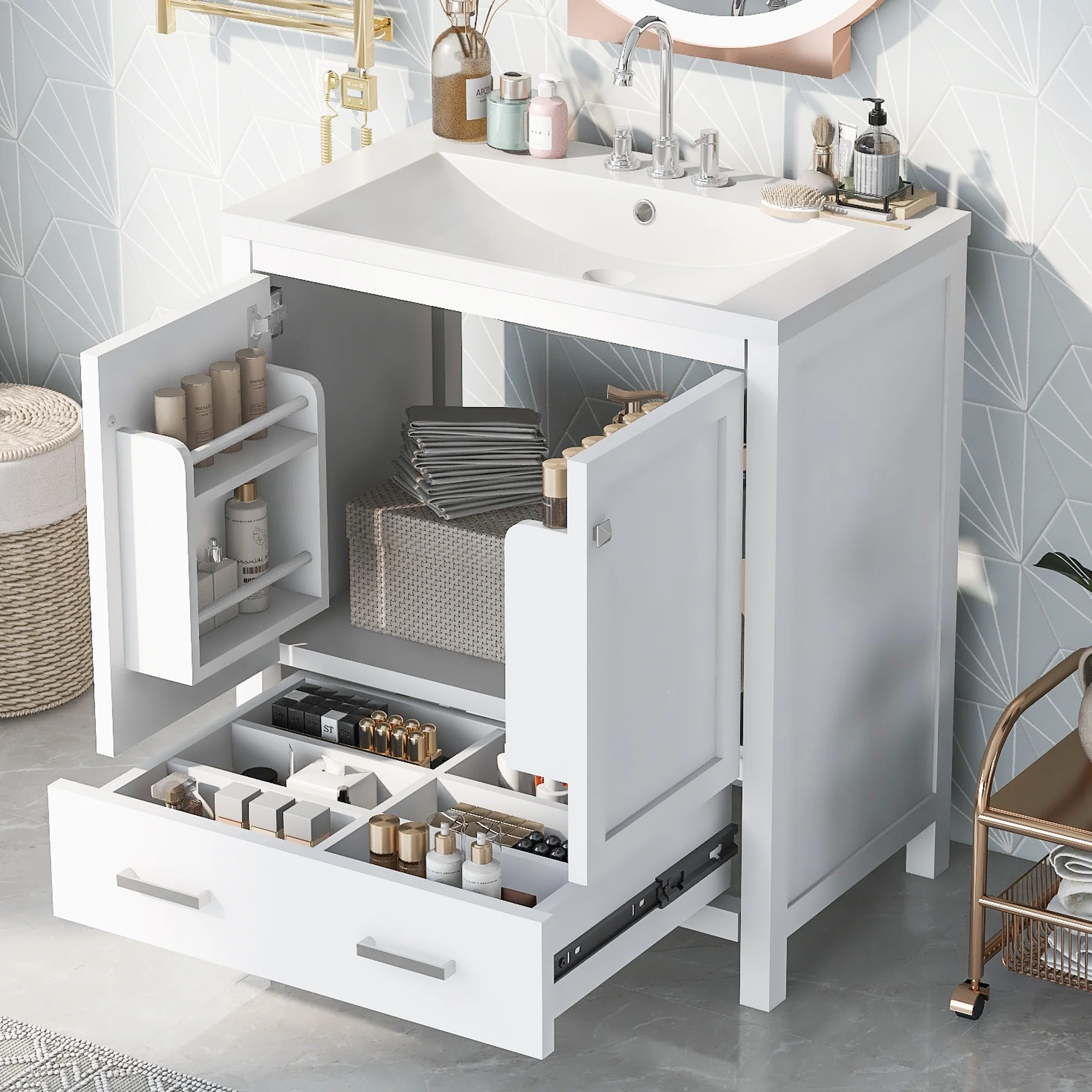 EUROCO 30" Bathroom Vanity with Sink, Bathroom Vanity Cabinet with 2 Doors and a Drawer, Soft Closing, Multifunctional Storage, Solid Wood Frame,White