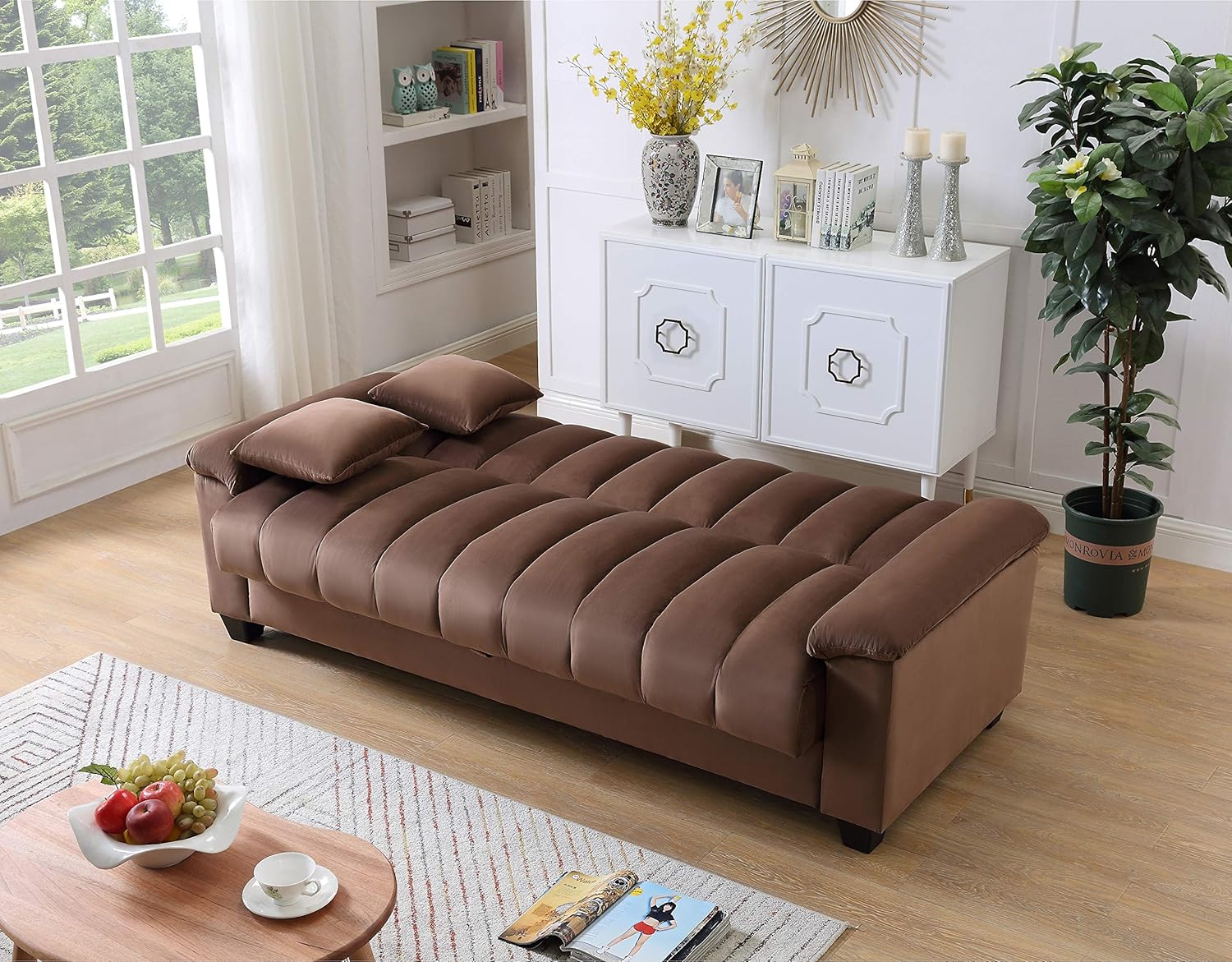 83" Convertible Modern Velvet Storage Sleeper Sofa Bed in Brown