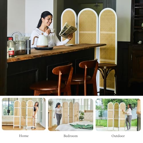 Room Divider and Folding Privacy Screens, Pine Wood 5.6 Ft Double Hinged Rattan Partition Freestanding Wall Room Divider for Home - 3 Panels