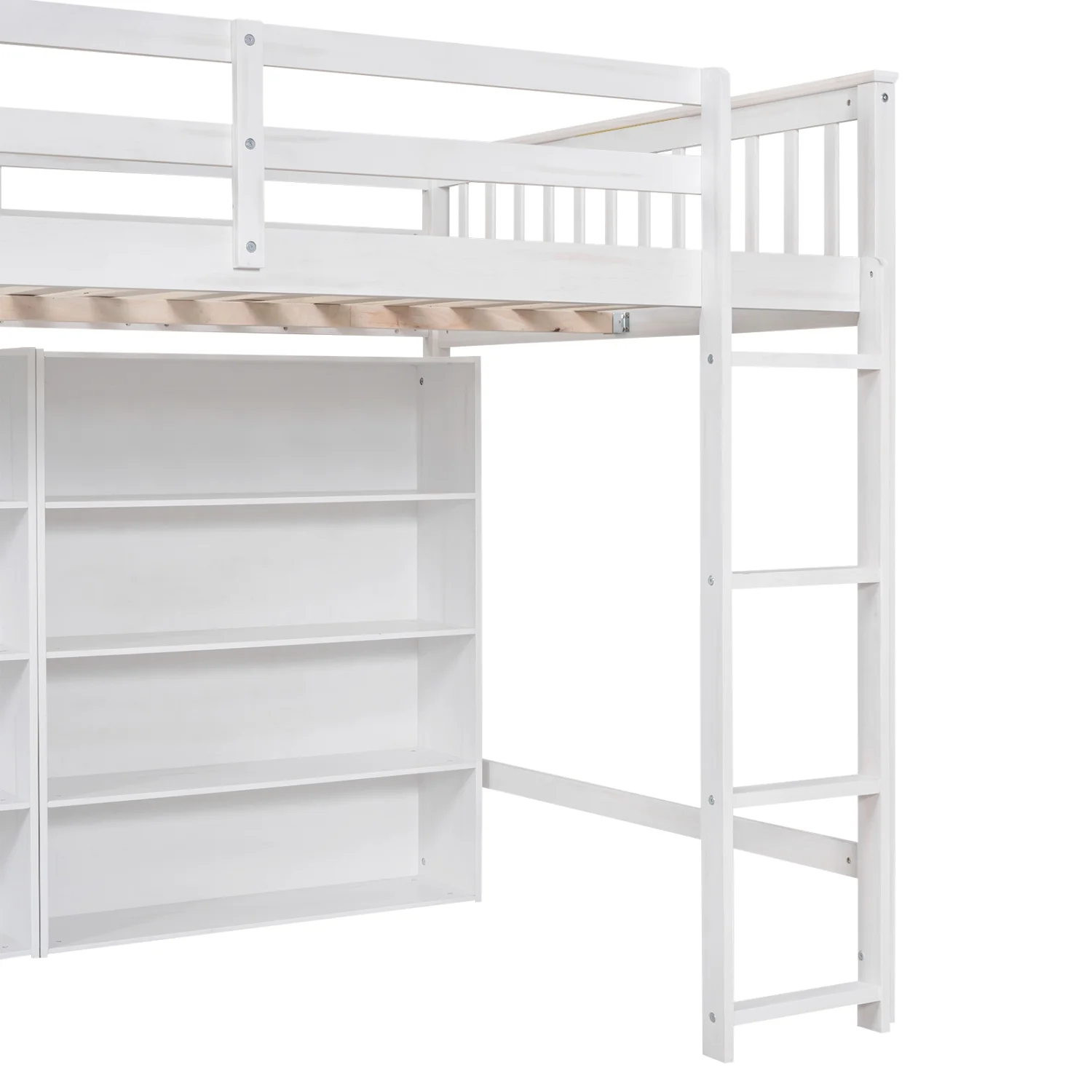 Churanty Wood Full Size Loft Bed with 8 Open Storage Shelves, Full Loft Bed Frame with Built-in Bookcase for Dorm Kids Teens, White
