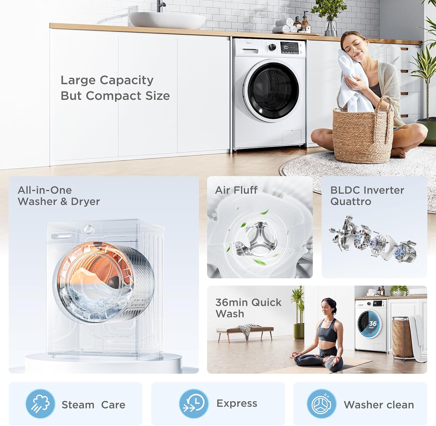Midea 24 Inch Washer and Dryer Combo, All in One Washer and Dryer 2.7 cu.ft 26lbs, Ventless Washing Machine, Steam Care, Overnight Dry, 1400 RPM