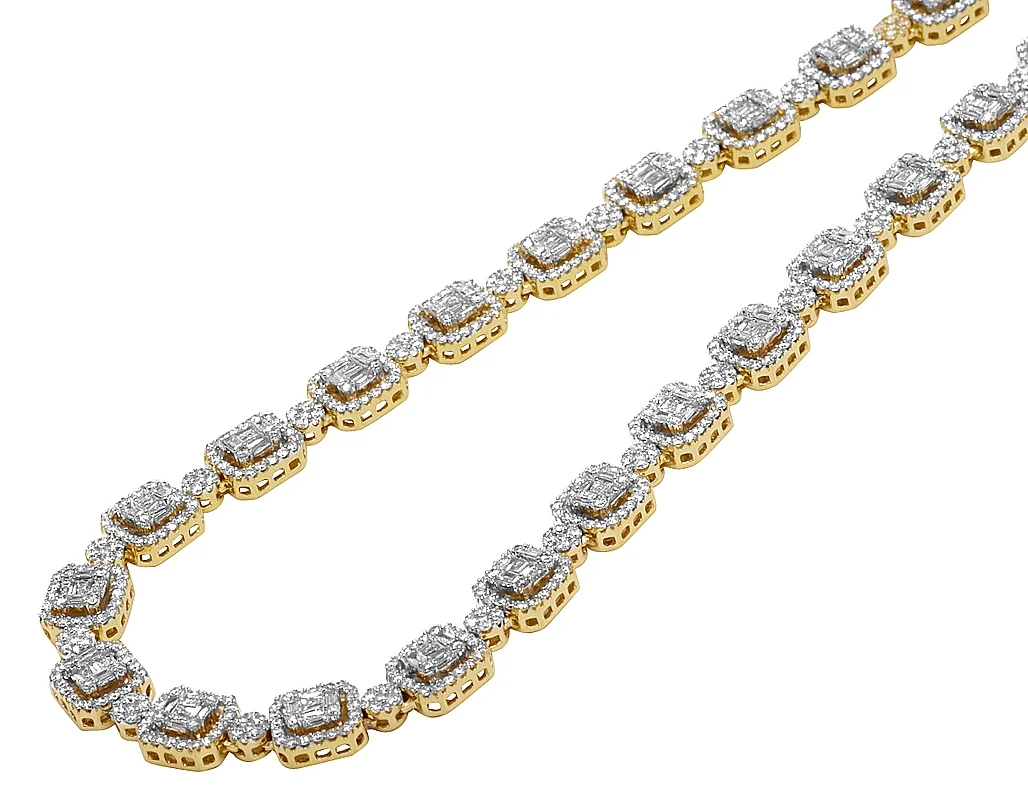 10K Yellow Gold 9MM Baguette Diamond Choker Chain Necklace 13.4 CT 18"