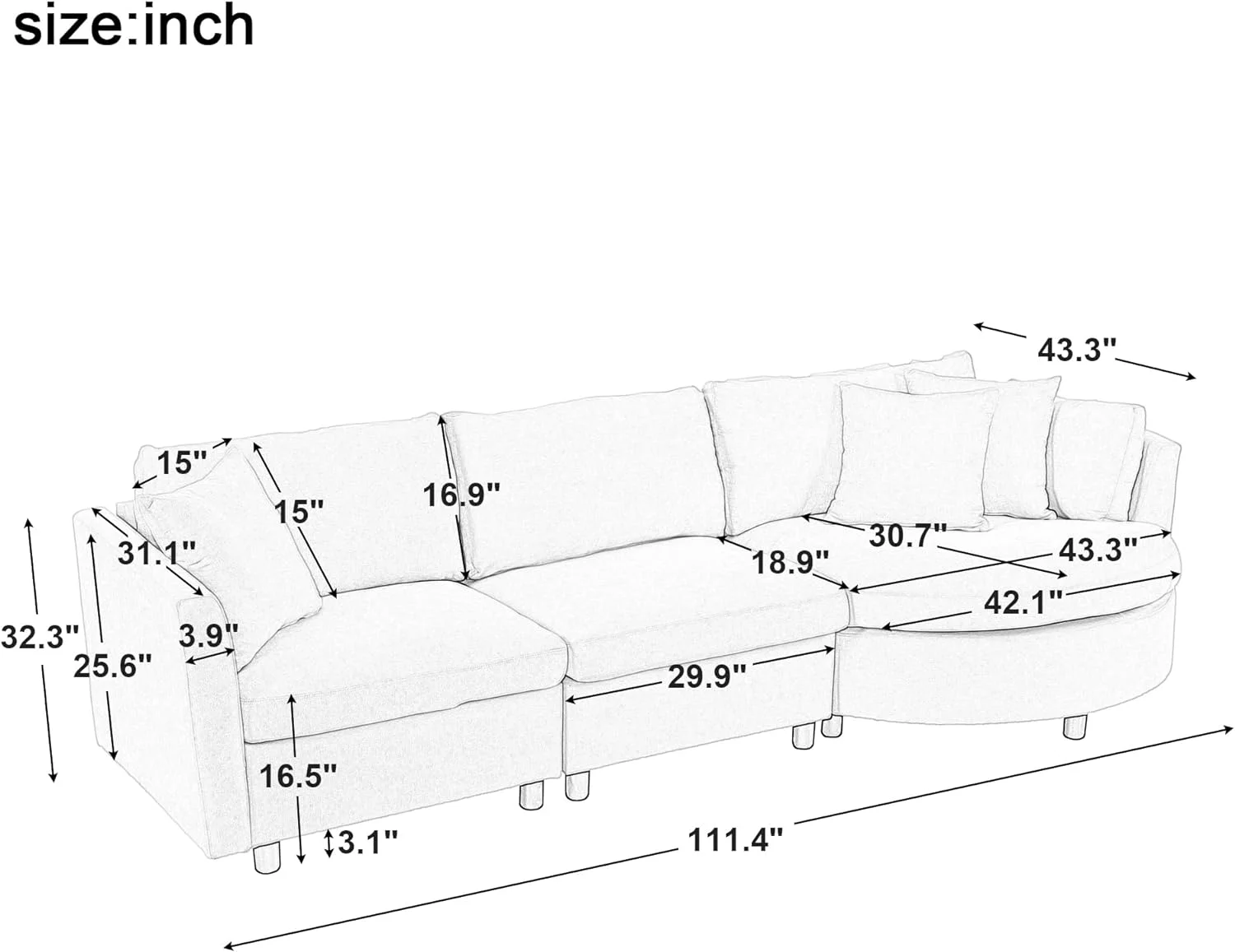 Moder Upholstered Sofa Couch, Comfy Curved Sectioal Sofa With 3 Pillows, Luxury 3-Seat Fabric Sofa Couch With Curved Seat For Livig Room