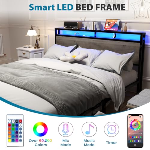 Full Size Bed Frame with Headboard, LED Platform Bed with 4 Storage Drawers, Built in Charging Station, Noise-Free, Metal Support Base