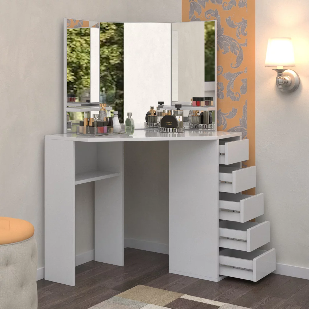 Roomsmart Corner Makeup Vanity Desk with 3 Mirrors and 5 Drawers