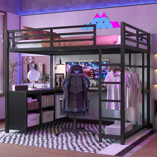 Bellemave Queen Size loft Bed with L Desk, Wardrobe, Metal Queen Loft Bed Frame for Adults, Kids, Teens, Black
