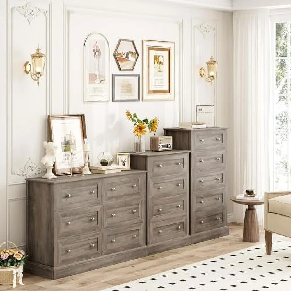 6 Drawer Double Dresser  Wood Dresser Chest  Wide Chest of Drawers with Deep Drawers &amp; Mental Double Handles for Hallway Living Room  Wash Gray