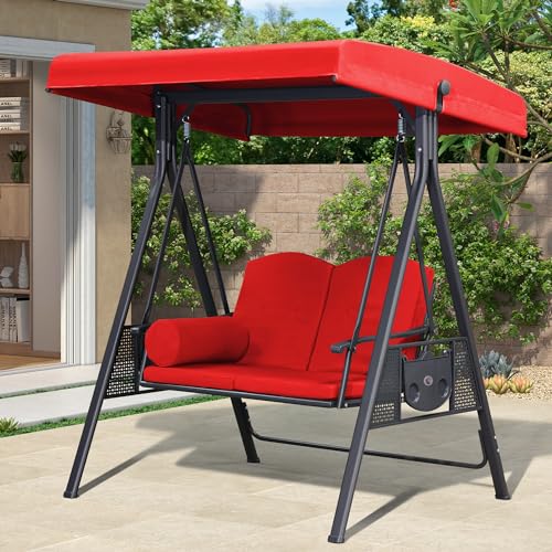 PURPLE LEAF Outdoor Patio Porch Swing with Adjustable PVC Canopy, 3-seat Swing Chair Bench with Side Cup Holder for Backyard Front Porch Lawn