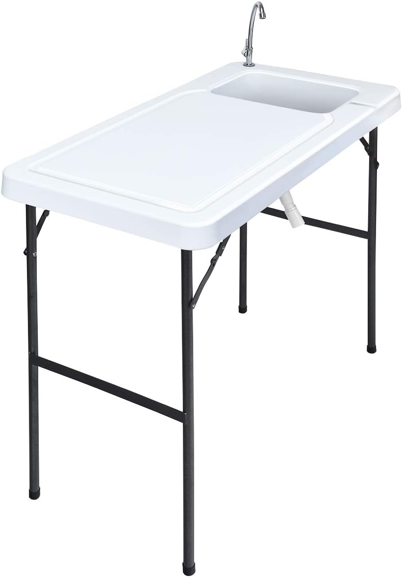 Giantex Folding Fish Cleaning Table, Camping Table with Sink and Faucet, Picnic Table with Drain Hose, Outdoor Cutting Table, Portable Fish Table