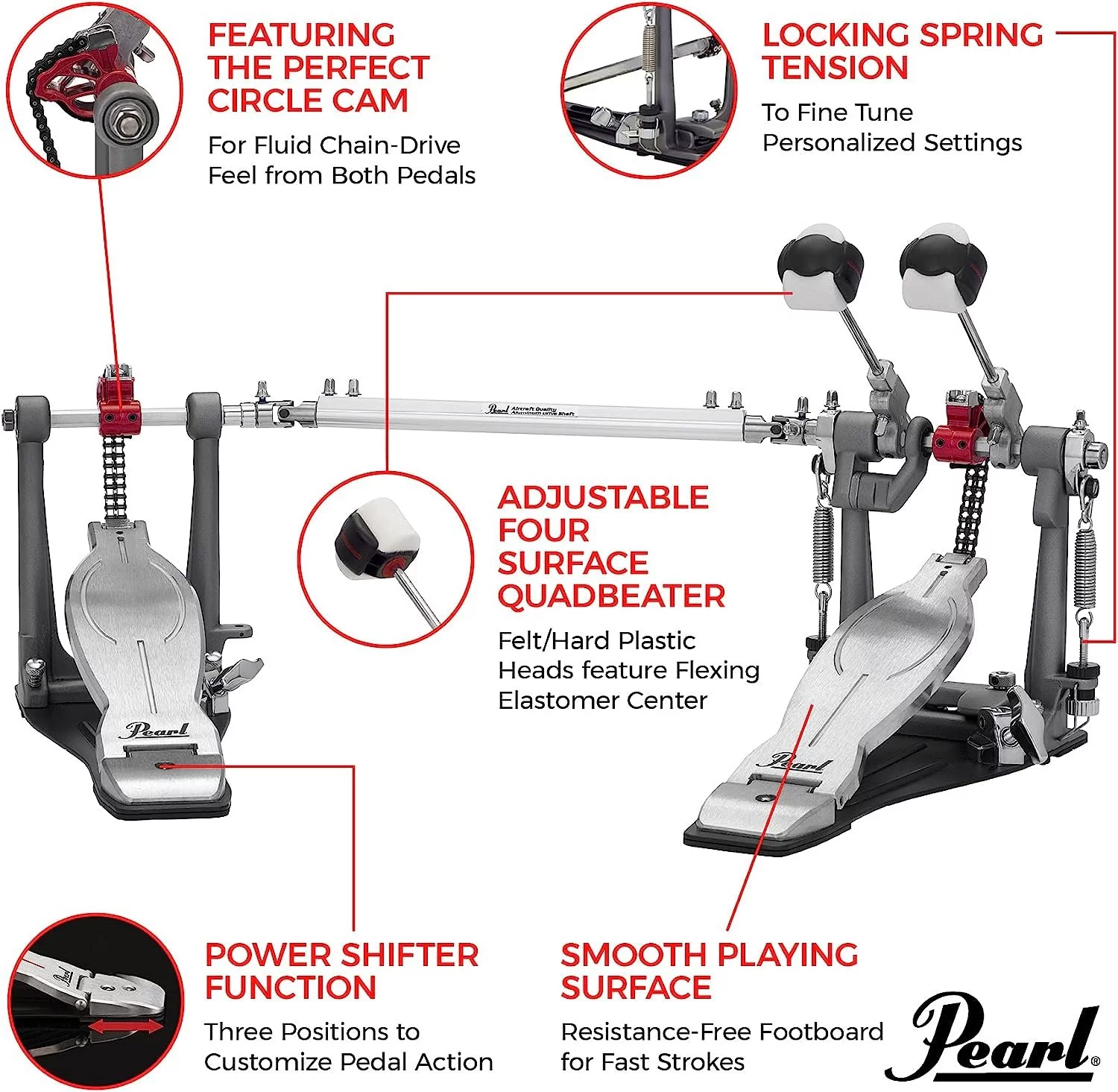 Pearl Eliminator Solo: Red Cam Double Bass Drum Kick Pedal P1032R