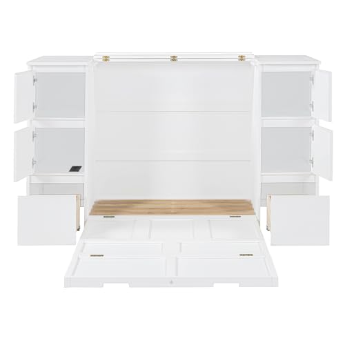 Full Size Murphy Bed with Drawers, Cabinets and USB Ports,Wood Murphy Bed Cabinet Bed Removable Shelves