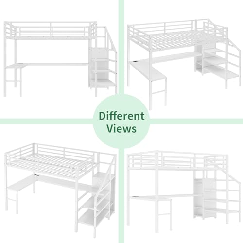 Queen Size Metal Loft Bed with L Shaped Desk and Wardrobe, Heavy Duty Loft Bed Frame with Storage Stairs, High Loft Bed Frame with LED