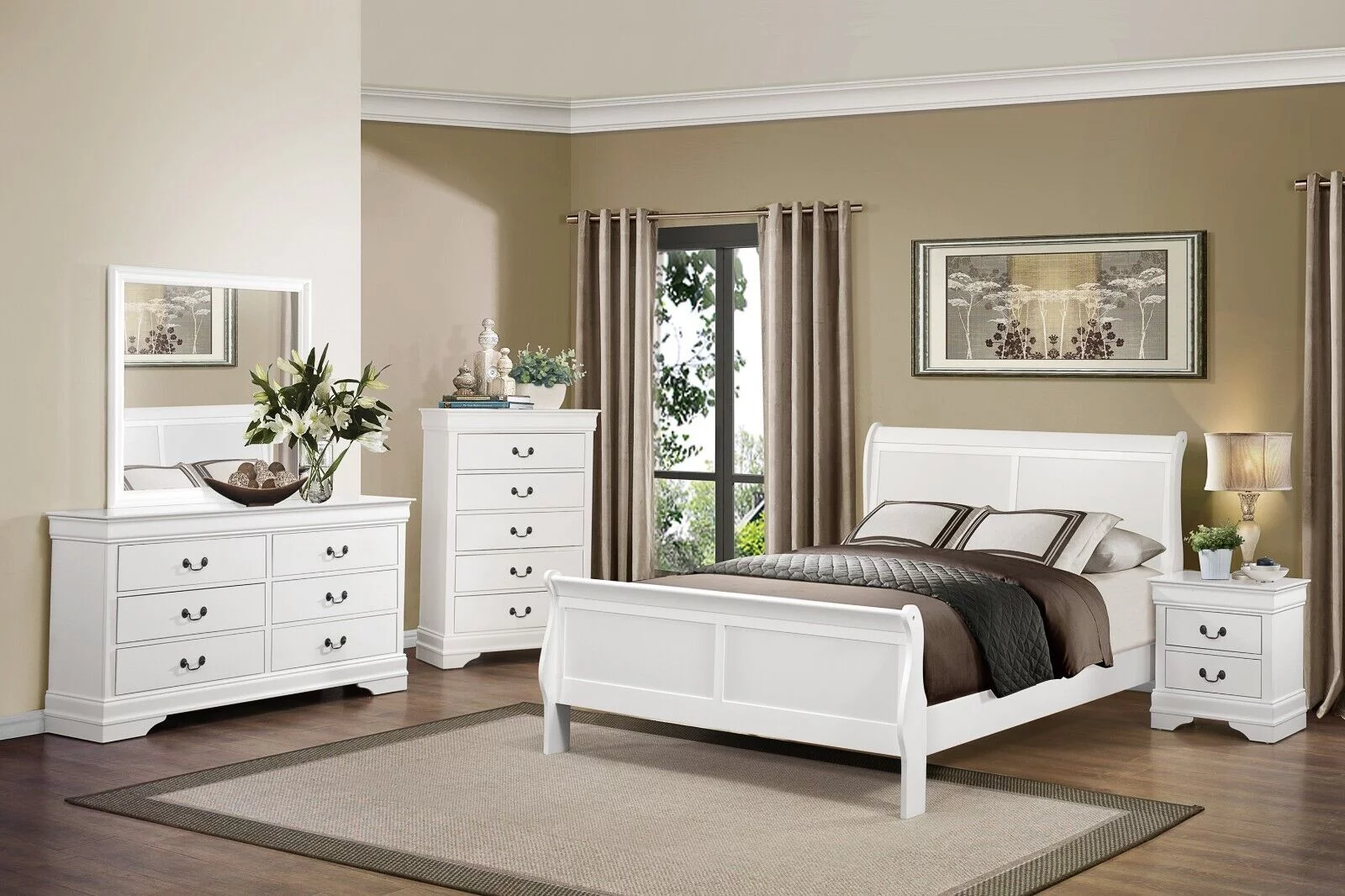 Classic Louis Philippe Style Bedroom 4pc Set Full Bed Nightstand Dresser Mirror Traditional White Finish Furniture