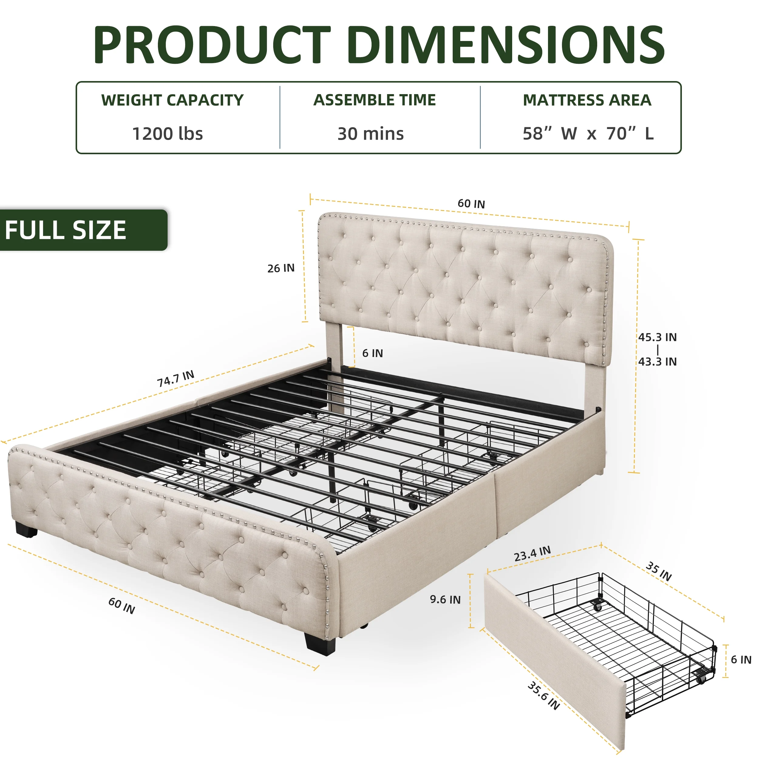 TrumanPick Full Size Storage Bed Frame with 4 Drawers and Adjustable Headboard, Adult, Beige