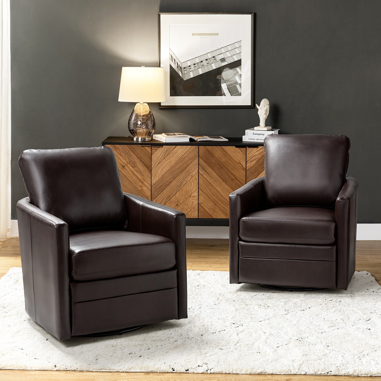 ART OF LIVING DESIGNS,INC Terrance Transitional Swivel Faux Leather Barrel Chair with Metal Base Set of 2 Brown