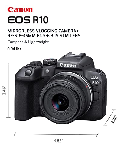 Canon EOS R10 Mirrorless Camera RF-S18-45mm F4.5-6.3 is STM Lens Kit, Hybrid Camera, 24.2 Megapixel CMOS (APS-C) Sensor, 4K Video