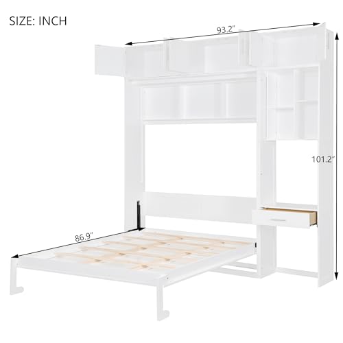 P PURLOVE Wood Twin Murphy Bed with Light and USB, Modern Wall Bed with Top Cabinet and Storage Shelves, Space Saving, No Box Spring Needed (Gray)