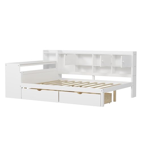 Corner Twin Bed Frame with Bookcase Storage and Desk, Wood Day Beds with 2 Drawers, Twin Size Daybed with Storage for Living Room