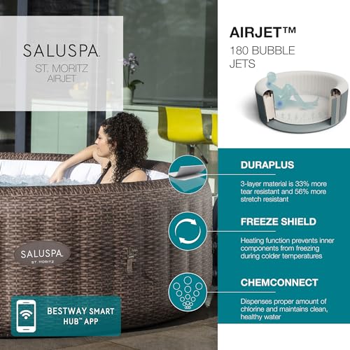 Bestway SaluSpa St Moritz Large Round AirJet 7 Person Inflatable Hot Tub Portable Outdoor Spa with 180 Soothing AirJets and Cover, Brown