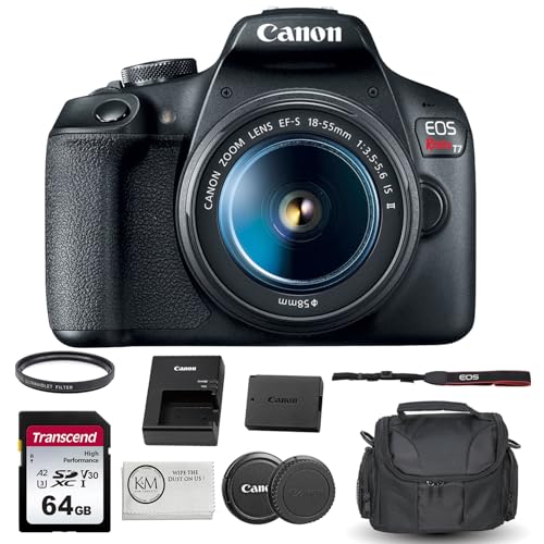 Canon EOS Rebel T7 DSLR Camera with 18-55mm Lens Bundled with 64GB Memory Card + Camera Bag + 58mm UV Filter + Microfiber Cleaning Cloth (5 Items)