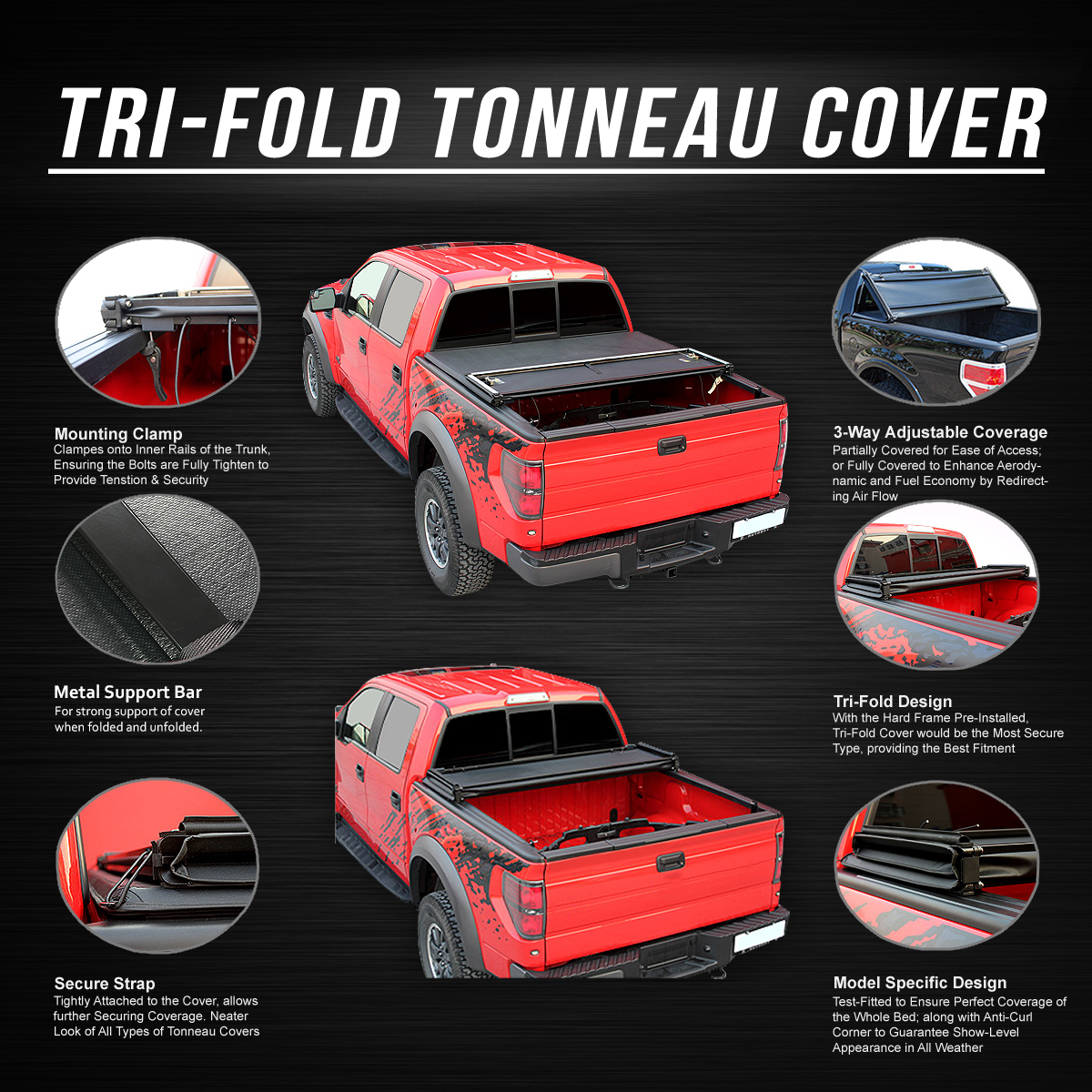 DNA Motoring TTC-TRISOFT-051 For 1989 to 2004 Toyota Pickup Tacoma 6'Bed Styleside Soft Top Tri-Fold Adjustable Tonneau Cover