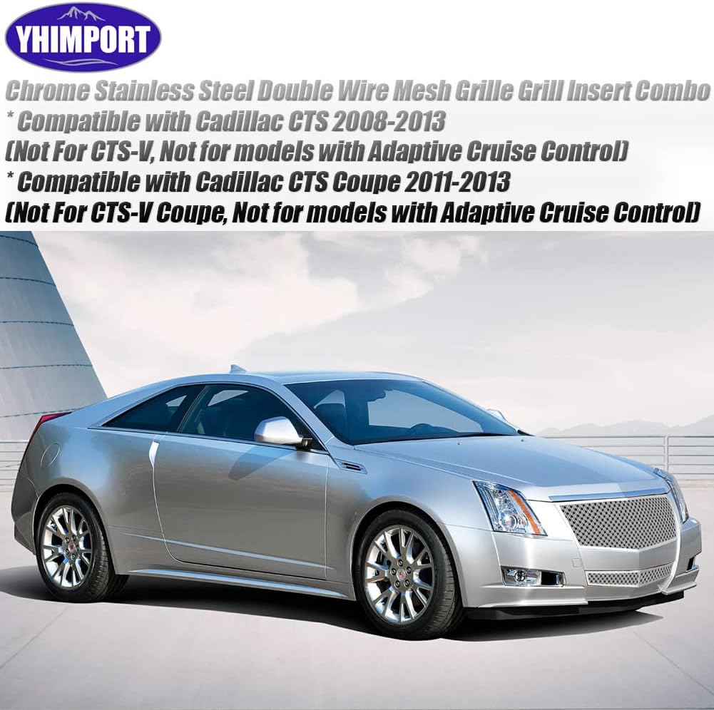 Compatible with 2008-2013 Cadillac CTS Stainless Steel Mesh Grille Grill Insert Combo (Not For CTS-V or model with Adaptive Cruise Control) (chrome