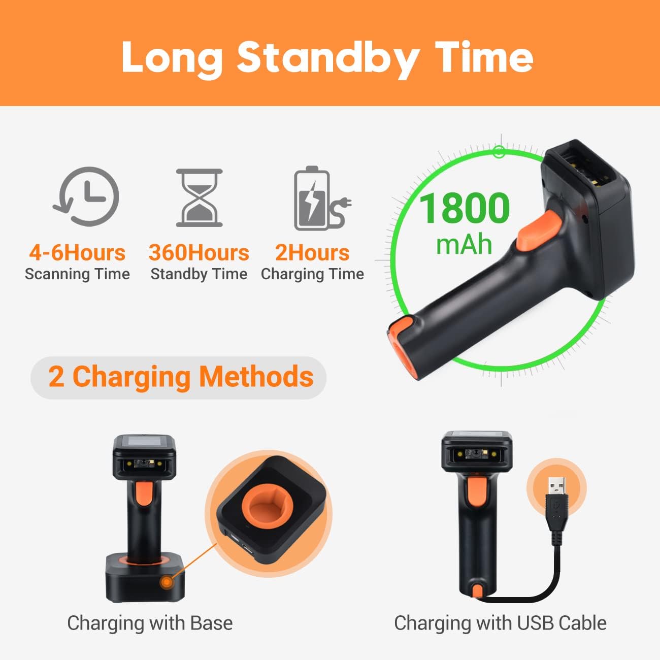 Tera 2D QR Wireless Barcode Scanner with Screen Display Battery Level Indicator and Time Display Work with Bluetooth 2.4G Wireless 2200mAh Large