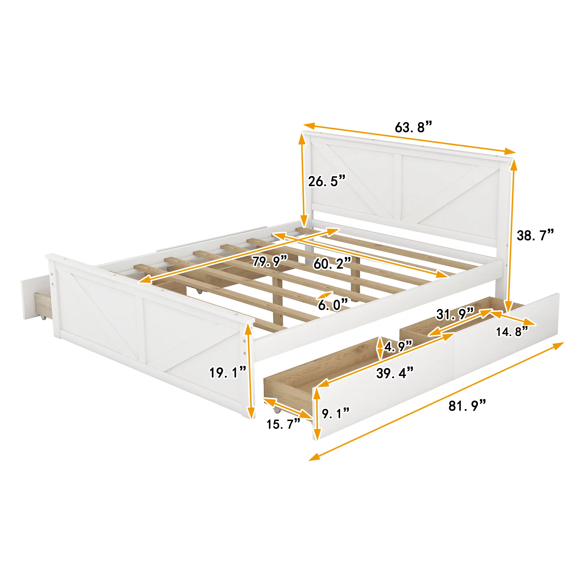 iRerts Queen Platform Bed Frame with 4 Storage Drawers, Wood Queen Bed Frame with Headboard, Slats Support and Support Legs