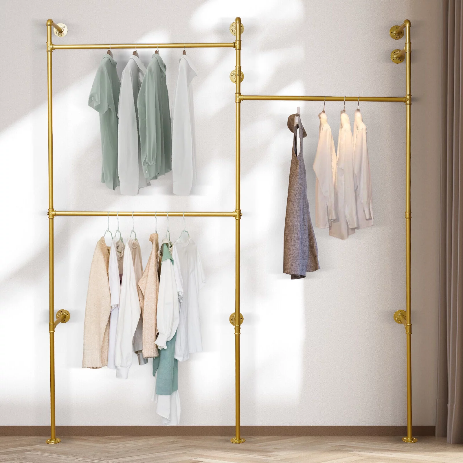 Miumaeov Wall Mounted Industrial Pipe Clothing Rack with 3 Rod Commerial Garment Stand Pipeline Vintage Rack Heavy Duty Rustic Metal Clothes Frame