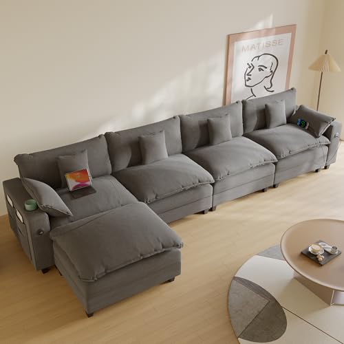 Modular Sectional Sofa, Cloud Couch with Ottoman, Charging Station, Throw Pillows, Cup Holders, Modern Convertible U Shaped Couches for Living Room