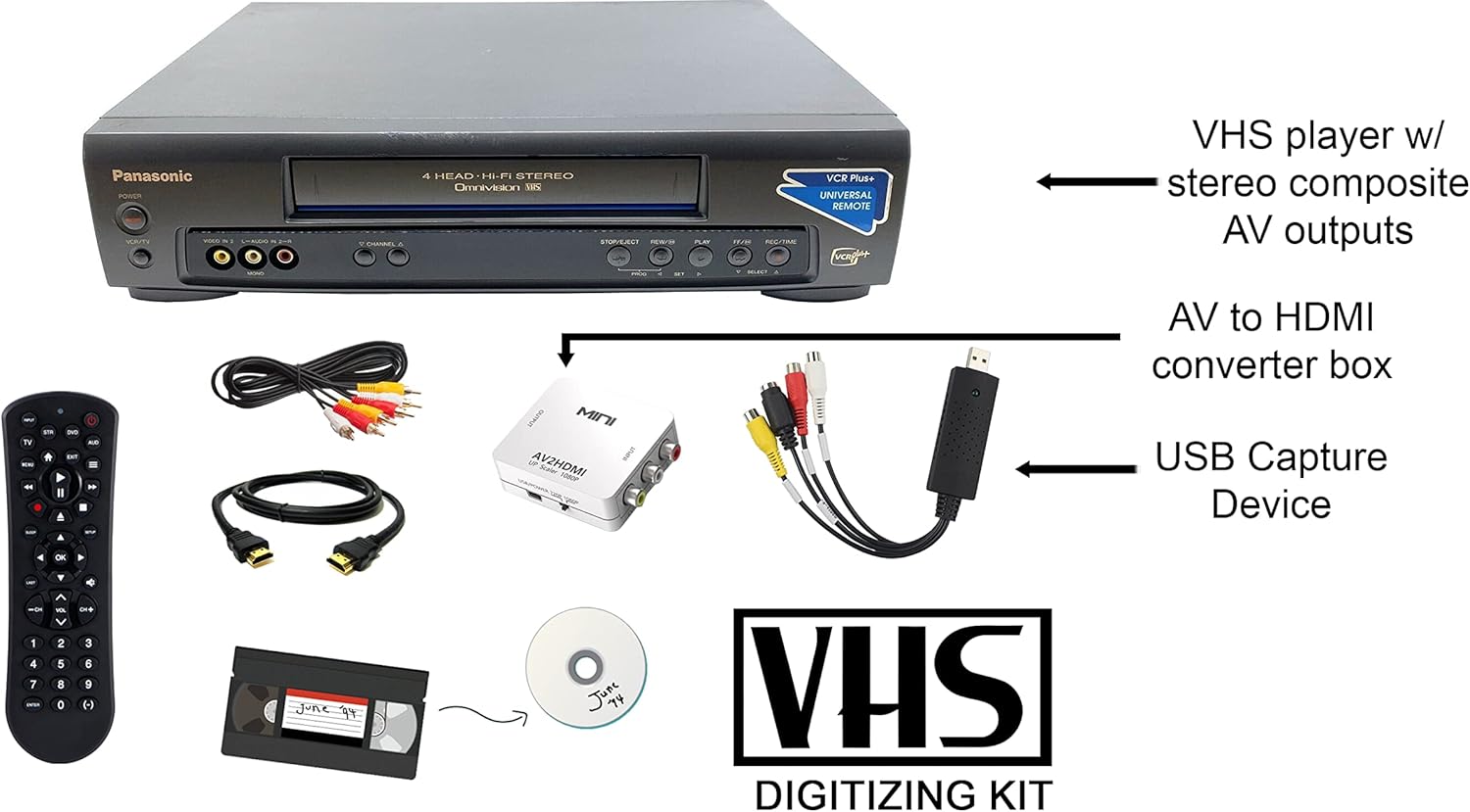 Panasonic VCR VHS Transfer Bundle w/remote, USB adapter, HDMI converter (Stereo)