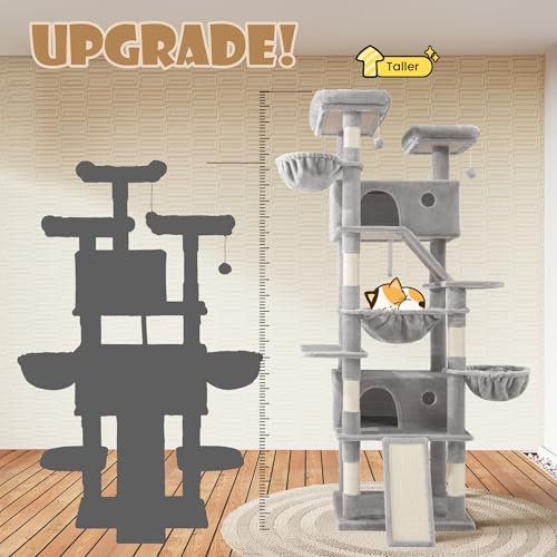 SHA CERLIN 81in Multi-Level Tall Cat Tree Tower for Indoor Kitties/Larger Cat Condo Furniture with Hammock/Cozy Pussycat Perches/Sisal Scratching