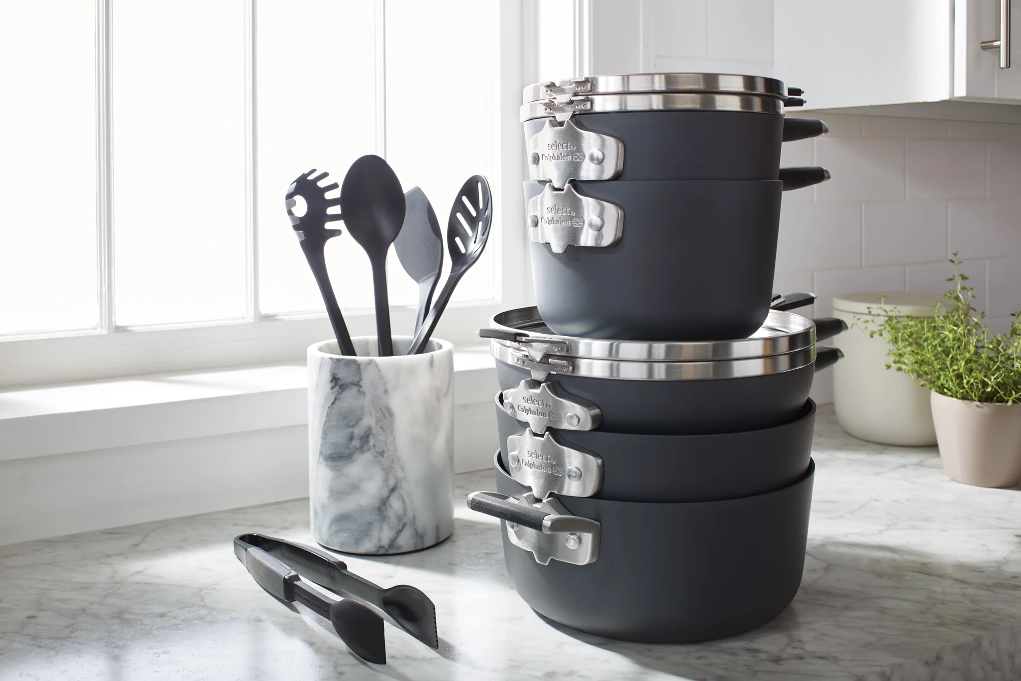 Select by Calphalon Space-Saving Hard Anodized Nonstick Pots and Pans, 14-Piece Cookware and Utensil Set - Curated Treasures Market