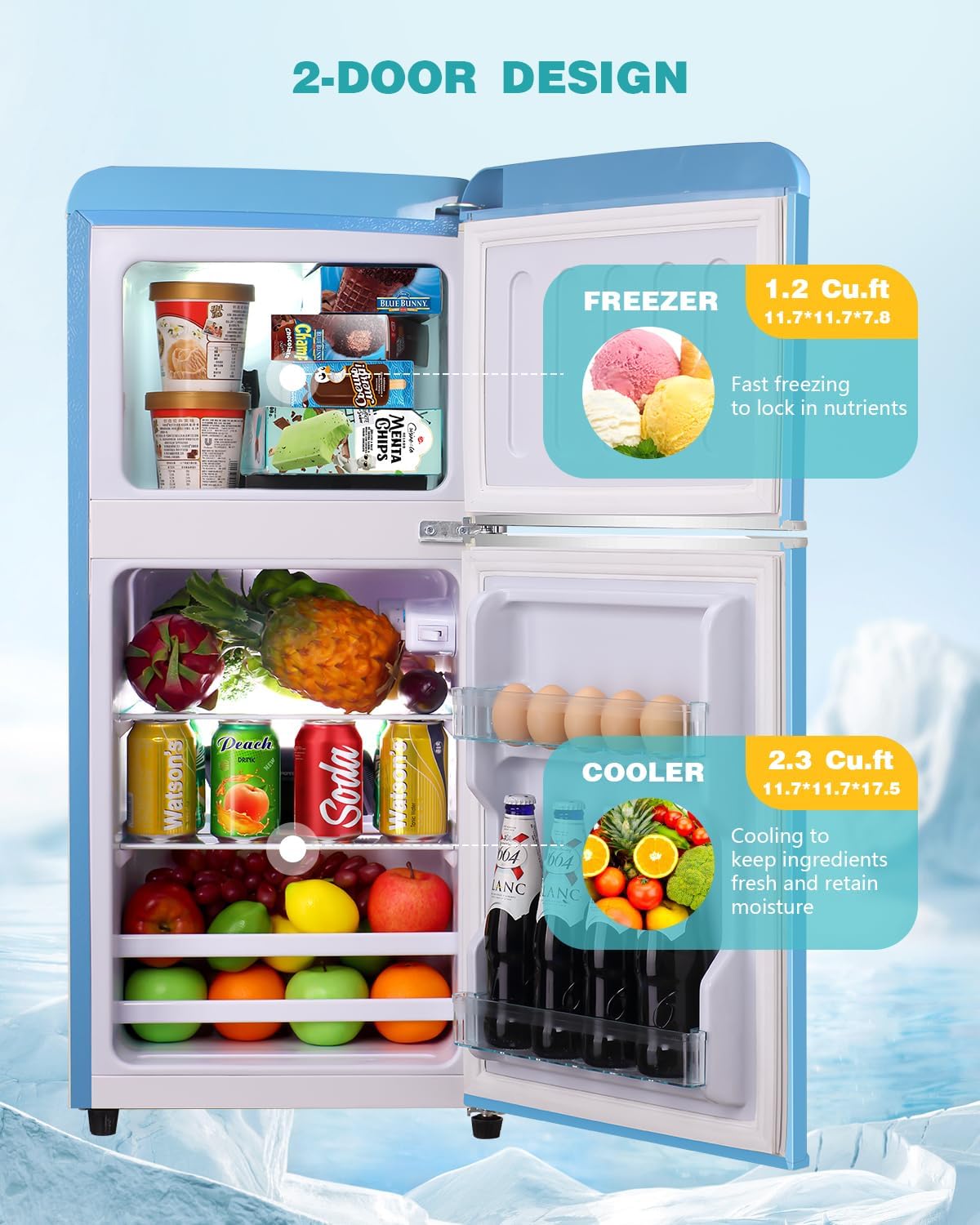 FLS-80-Blue 3.5Cu.Ft Compact Refrigerator, Small Refrigerator with freezer, Retro Fridge with Dual Door, 7 Level Adjustable Thermostat for Garage
