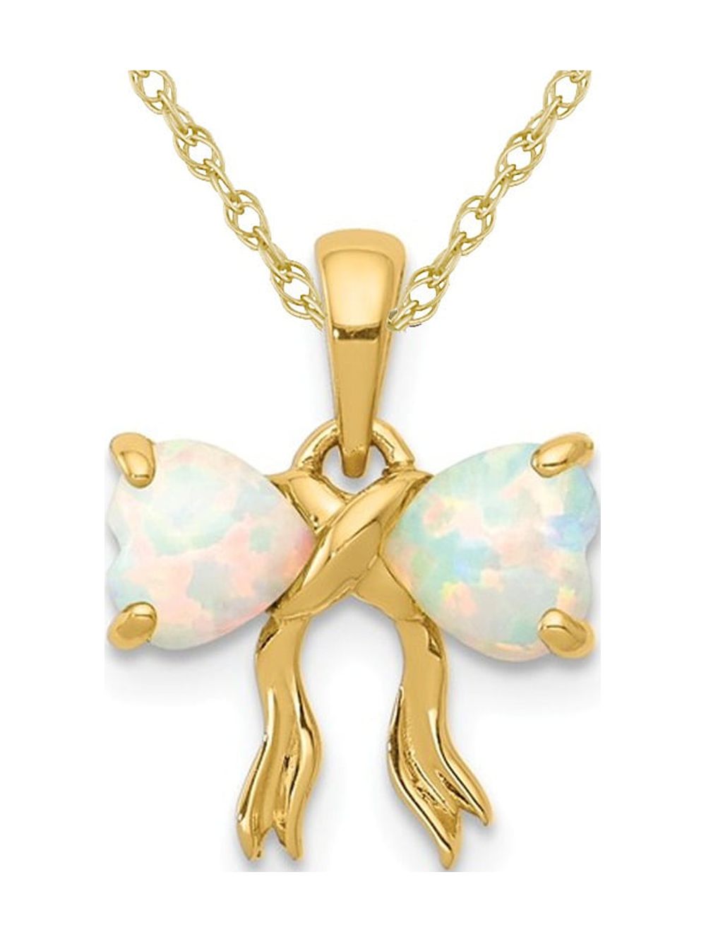 1/2 Carat (Ctw) Lab Created Opal Bow Ribbon Pendant Necklace in 14K Yellow Gold  with Chain