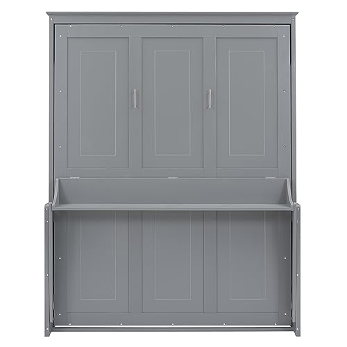Queen Size Murphy Bed with Foldable Shelf/Desk, Wall Bed cabinet with Storage Shelves, Solid Pine Wood Murphy Bed Frame with Desk for Bedroom