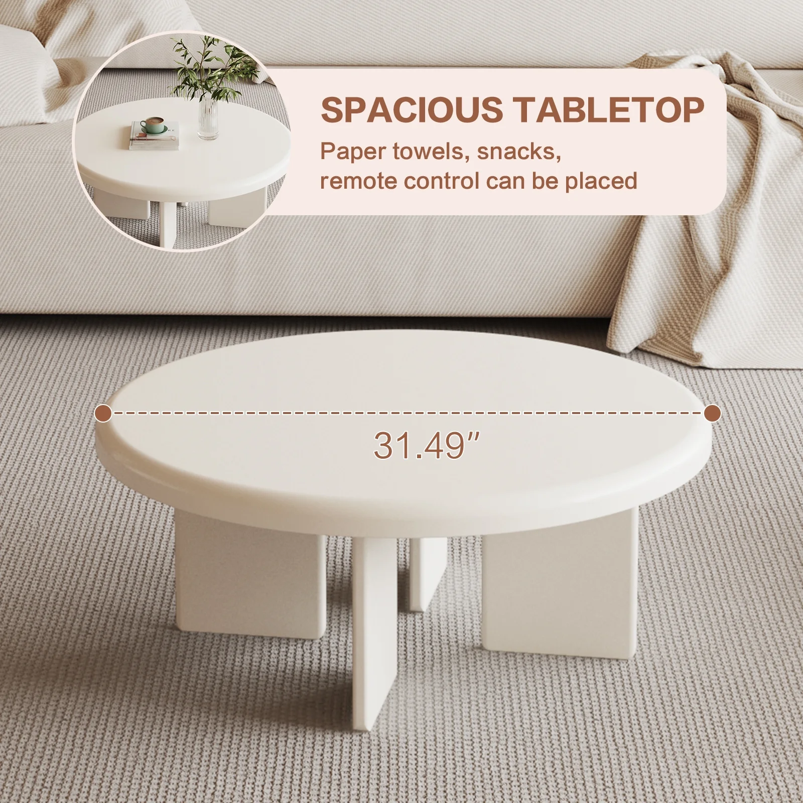 Guyii 31.49" Modern Coffee Table, White Round Coffee Table, Center Coffee Table, Small End Table for Living Room