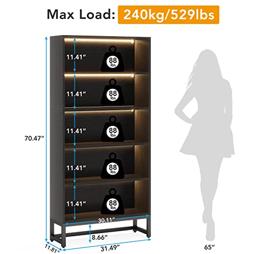 Tribesigns Tall Bookcase Black Bookshelf, 70.8” Large Bookcases Organizer with LED Lights