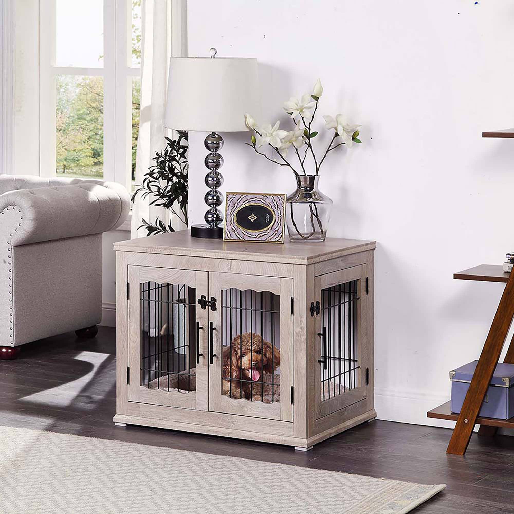 Unipaws Crate Wooden End Table with Wire Dog Kennel with Bed in Weathered Gray, 32x22 L x 23x22 W x 26.5x22 H, Medium