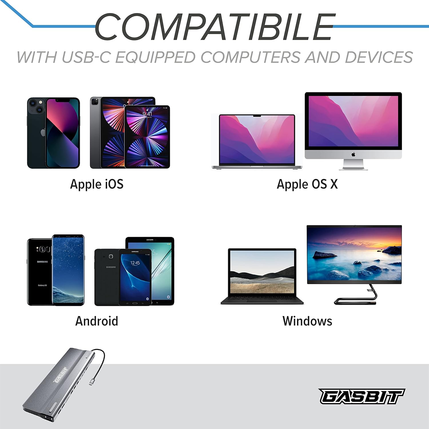 GASBIT 14-in-1 USB C Hub Multiport Adapter - USB C Power Adapter; USB-C Dongle; HDMI; VGA; SD Card Reader; MicroSD Card Reader; Ethernet; 2 USB 2.0