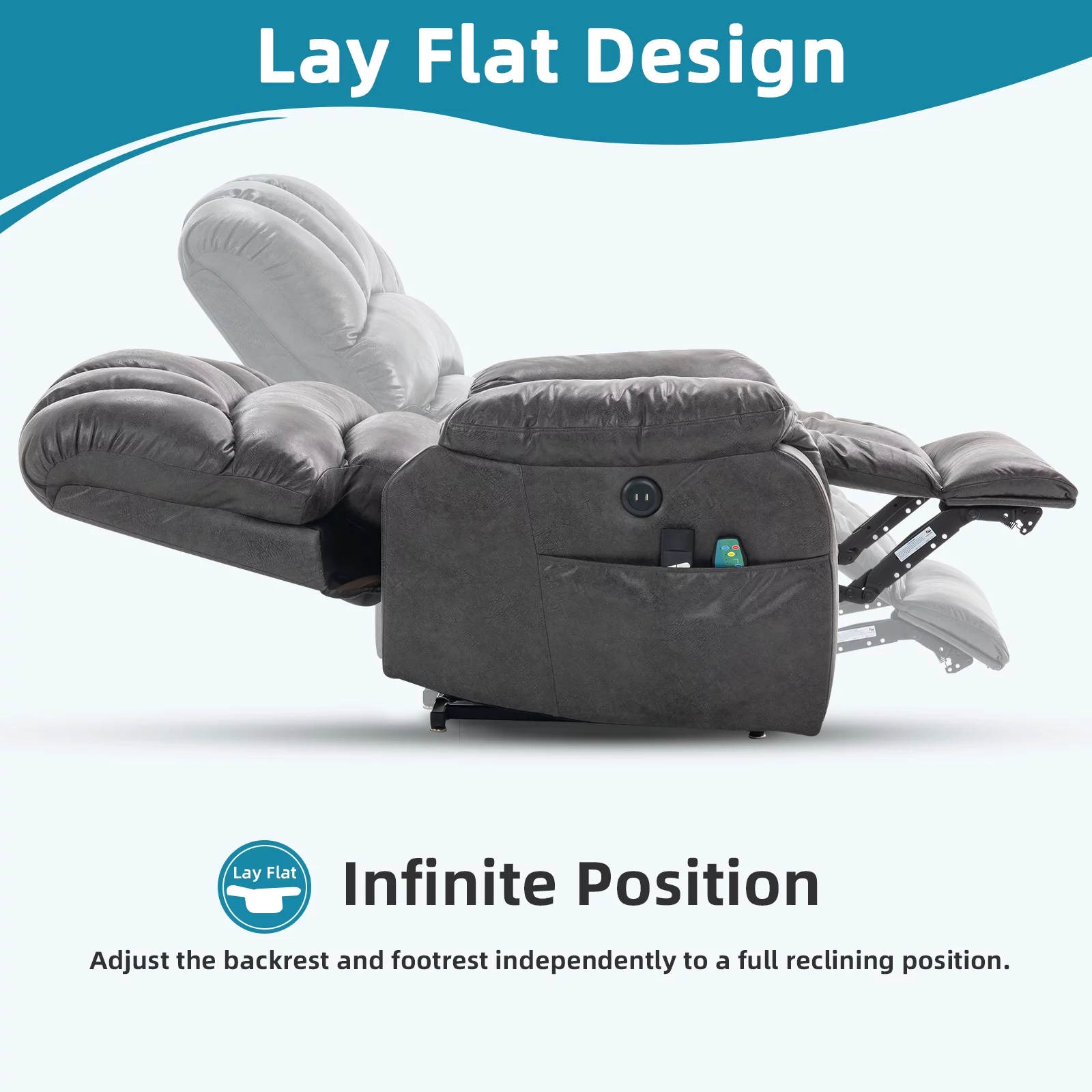 OUINCH Large Dual Motor Lay Flat Sleeper Power Lift Recliner Chair for Elderly with Heat and Massage, 2 Remote Controls, 2 USB Ports & 2 Side Pockets