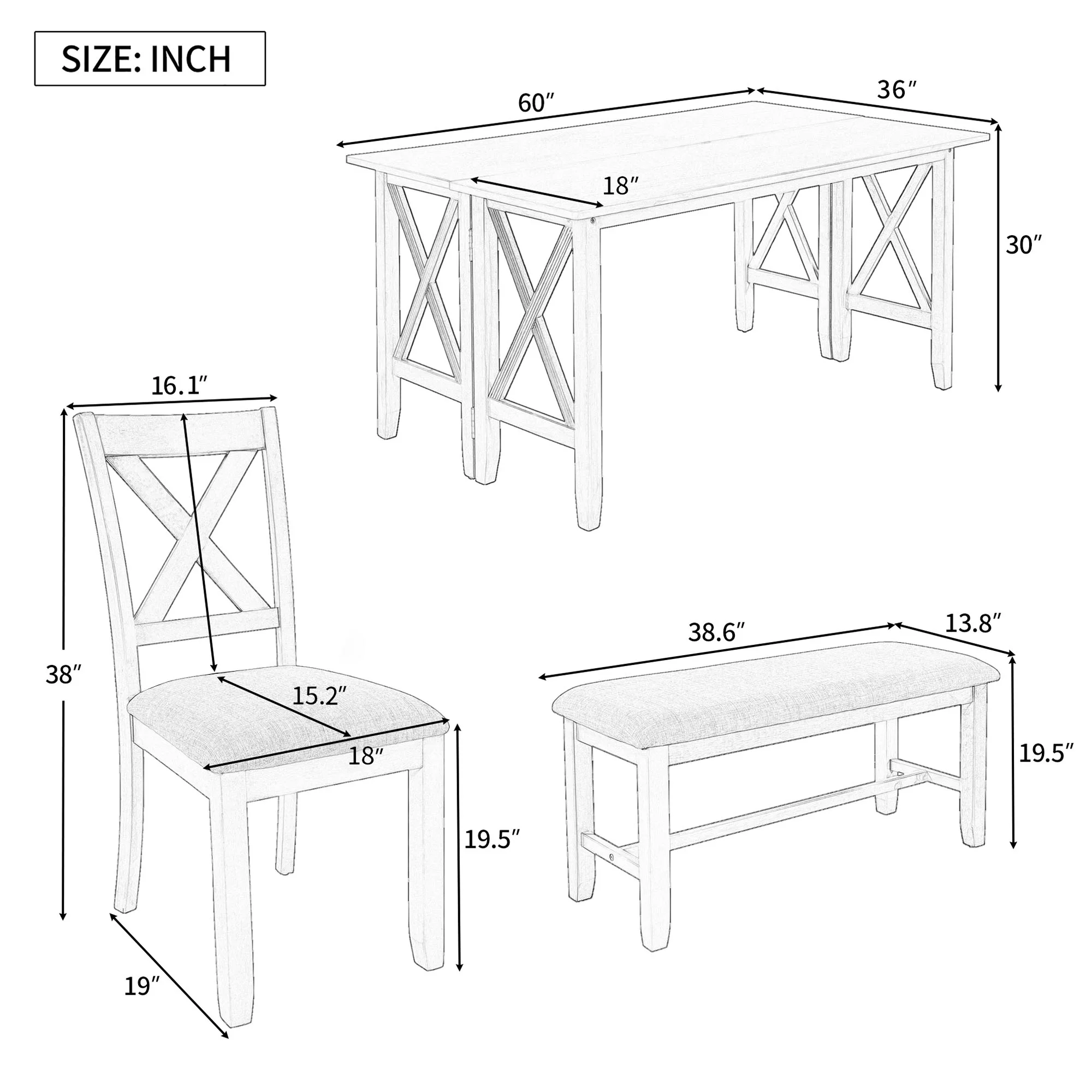 6 Pieces Dining Table Set, HSUNNS Foldable Wood Kitchen Table Set for 6 with Bench and 4 Cushioned Chairs