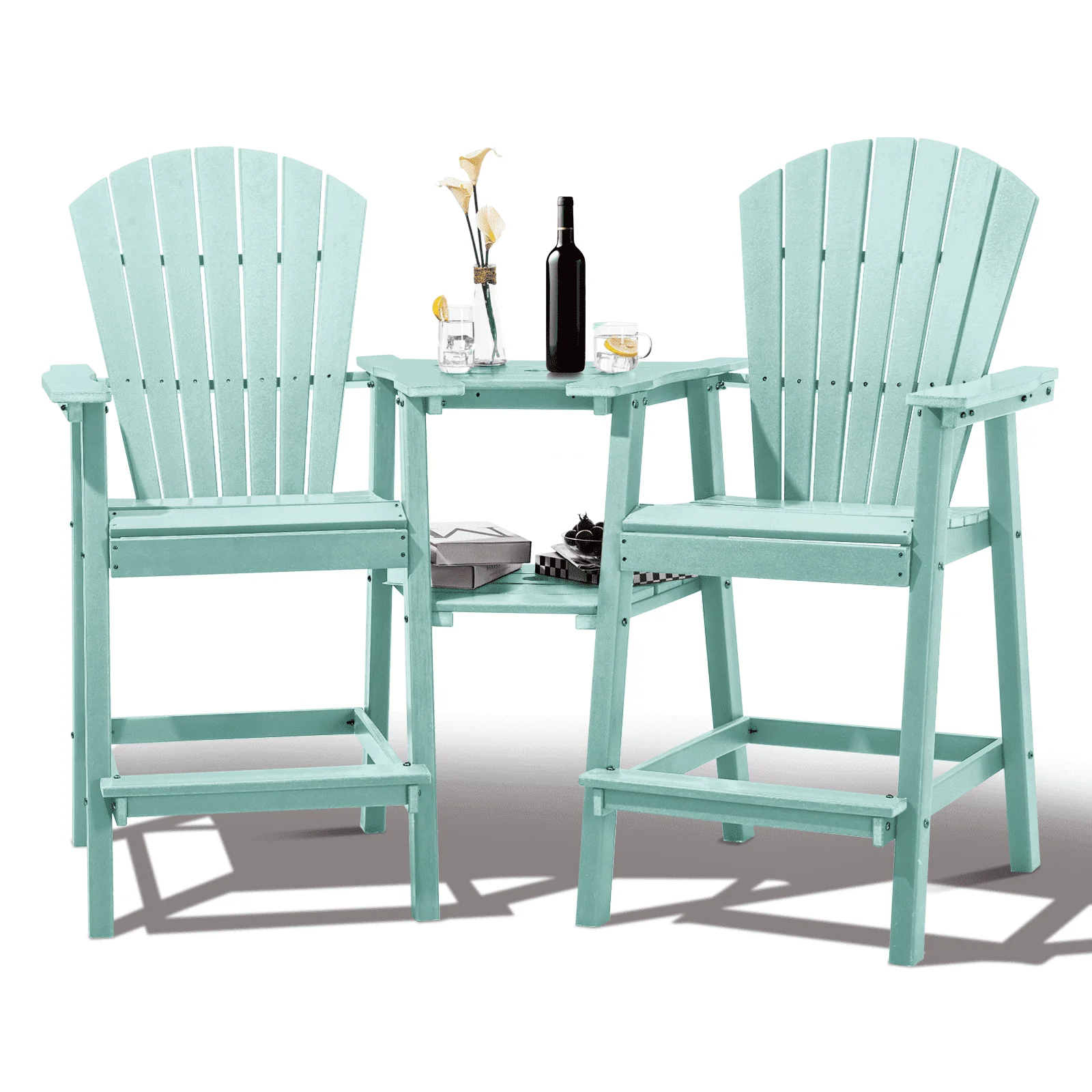 Tall Adirondack Chairs Set of 2 .Outdoor Adirondack Barstools with Double Connecting Tray Patio Stools Weather Resistant for Outdoor Deck Lawn Pool