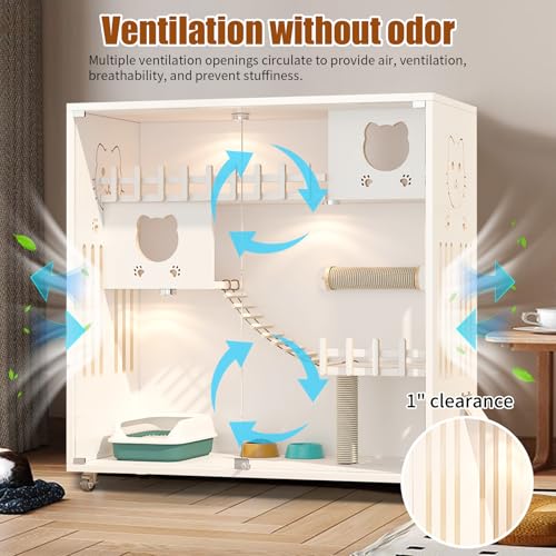 Enclosed Cat Condo, Large Space Cat Cage with Scratching Post, Wooden Indoor/Outdoor Cat Enclosure, Multi-Feature Cat Houses Ventilation Glass Doors