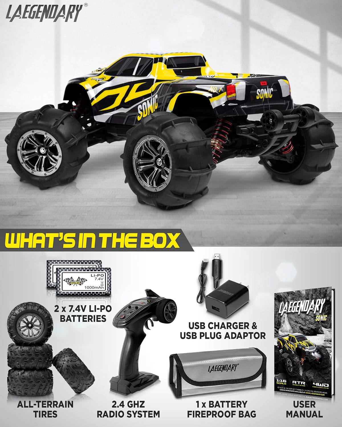 LAEGENDARY RC Car - Off Road Remote Control Car for Adults & Kids, Waterproof All Terrain 4x4 Truck w/ 2 Batteries - 1:16 Scale, Brushless, Black