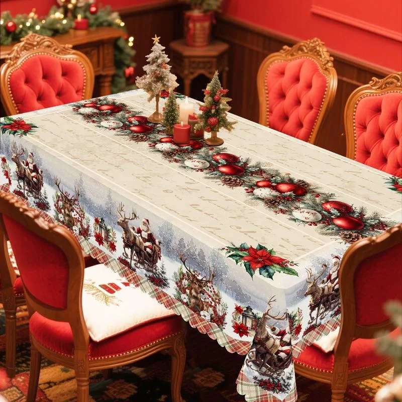 1pc Retro Christmas Themed Print Tablecloth - Rectangle Table Cover with Santa Claus,  Xmas Decor, Holiday Party Indoor Dining Decor