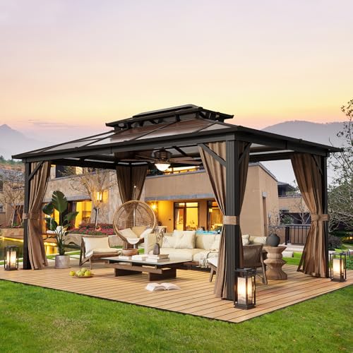 YOLENY 10'x13' Hardtop Gazebo, Outdoor Polycarbonate Double Roof Canopy, Aluminum Frame Permanent Pavilion with Curtains and Netting