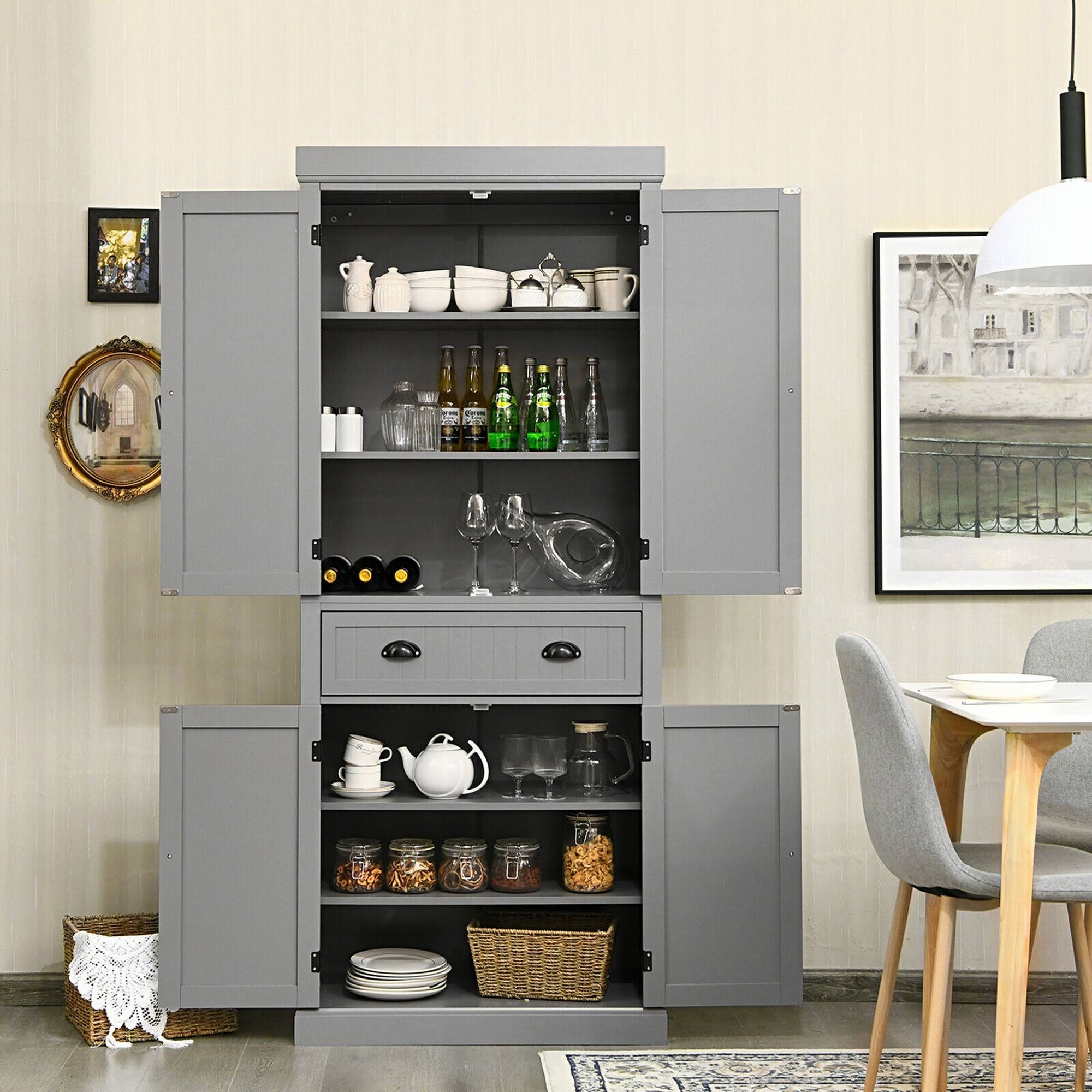 Gymax Kitchen Cabinet Pantry Cupboard Freestanding w/Shelves Grey - See Details