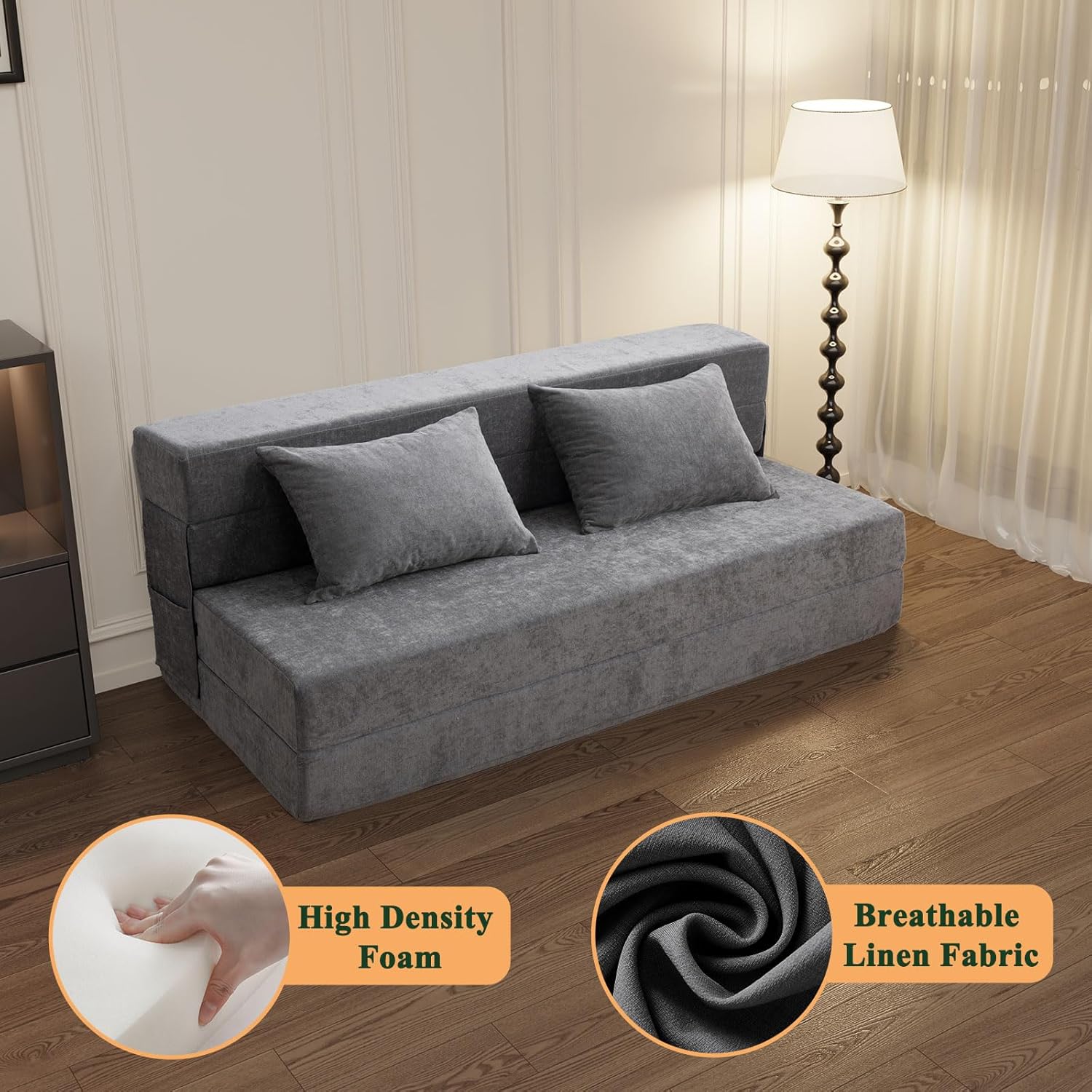 HOMFINE Folding Sofa Bed - Convertible Sleeper Chair with Pillow, Fold Out Couch, Memory Foam Floor Mattress, Futon Couch